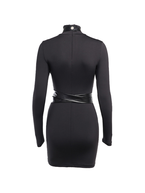 Leather Splice Long Sleeve Bodycon Mini Dress-8