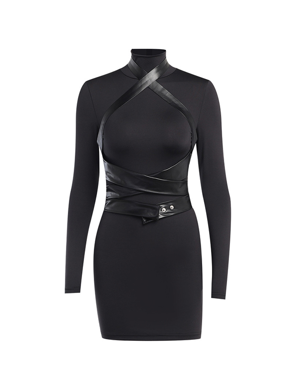 Leather Splice Long Sleeve Bodycon Mini Dress-7