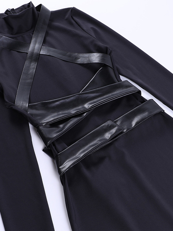 Leather Splice Long Sleeve Bodycon Mini Dress-6