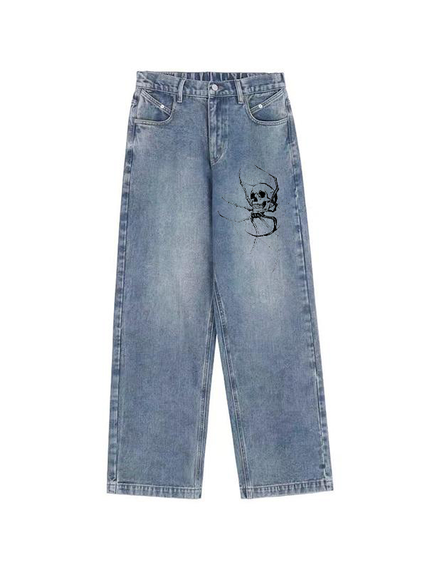 Skull Print Vintage Blue Wide Leg Boyfriend Jeans-2