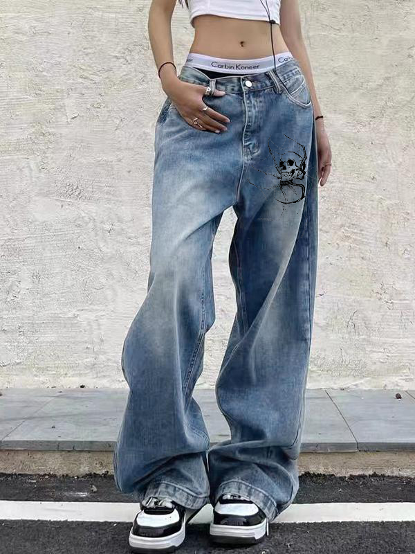 Skull Print Vintage Blue Wide Leg Boyfriend Jeans-1