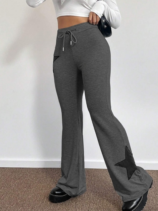 Star Print Highly Elastic High Rise Drawstring Flare Leg Pants-3