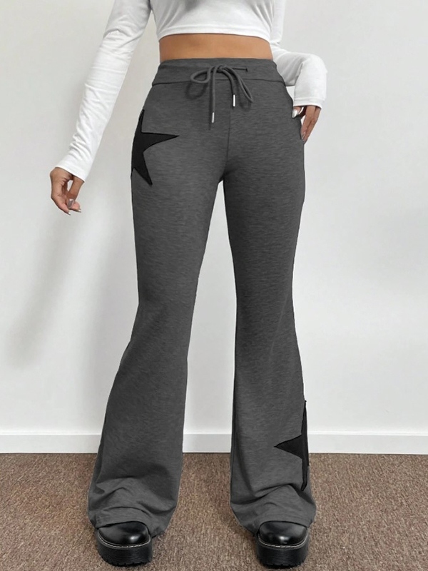 Star Print Highly Elastic High Rise Drawstring Flare Leg Pants-1